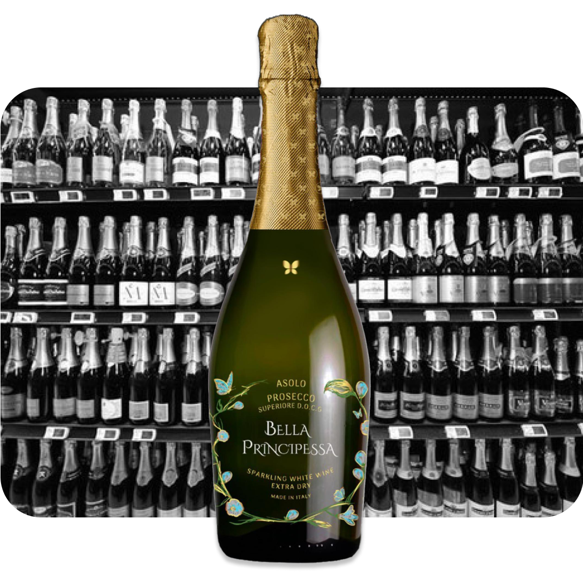 Bella Principessa Premium-Prosecco-Flasche mit der Aufschrift „Was sagt Ihre Prosecco-Wahl über Sie aus?“