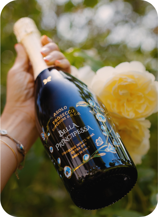 Bella Principessa Luxus-Prosecco in einer mit Keramik bemalten Flasche, geeignet für Veganer, Vegetarier und Zöliakiekranke.