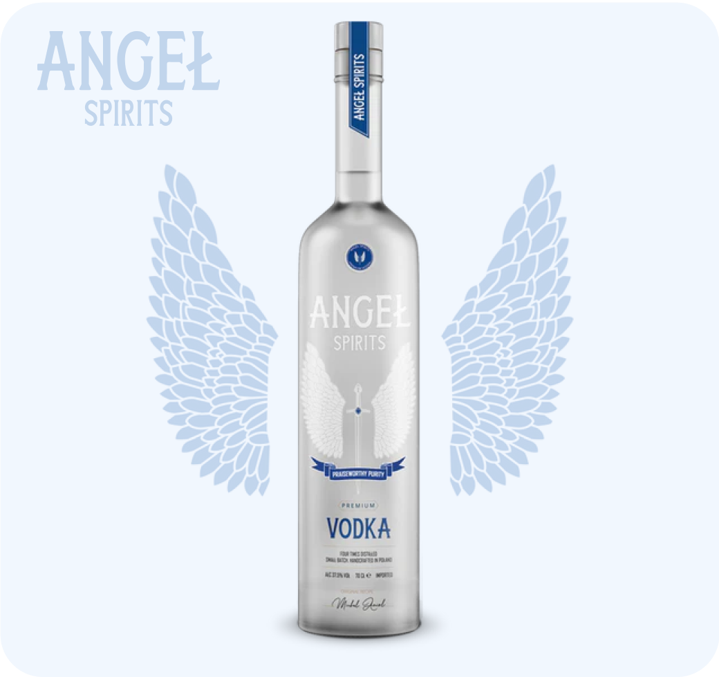 Bottiglia di Angel Spirits Blue Label Vodka, Vodka di qualità Premium.